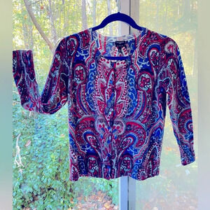 100% Merino wool paisley cardigan by Talbots blue pearl full button front.